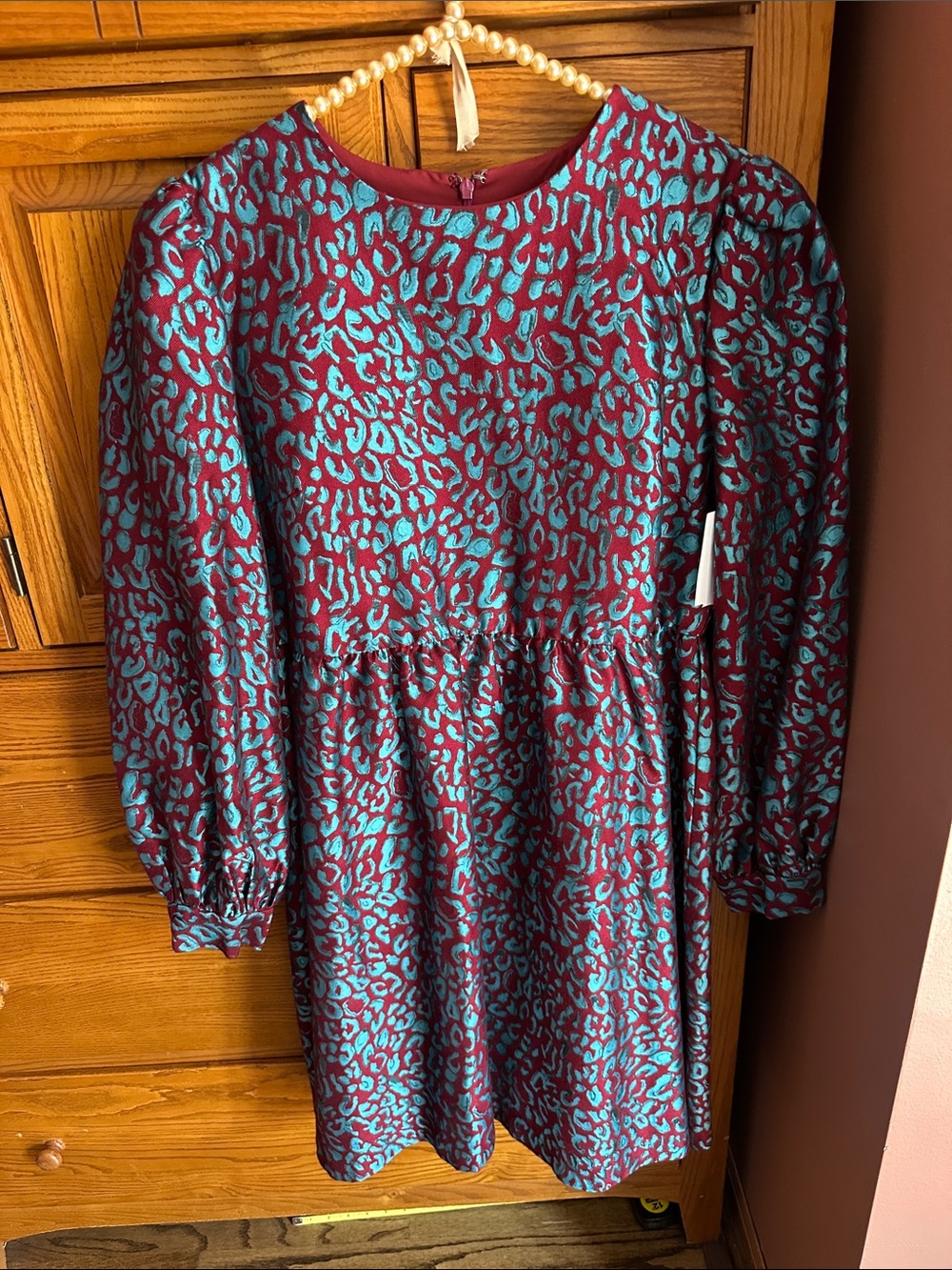 Teal and Burgundy Leopard Print Long Sleeve Dress